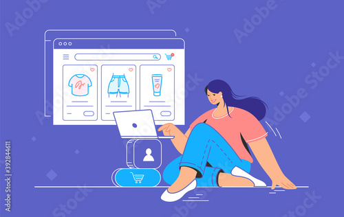 E-store and e-commerce website for shopping online. Flat line vector illustration of cute woman sitting alone with laptop and shopping online. Website window with goods in a cart on purple background