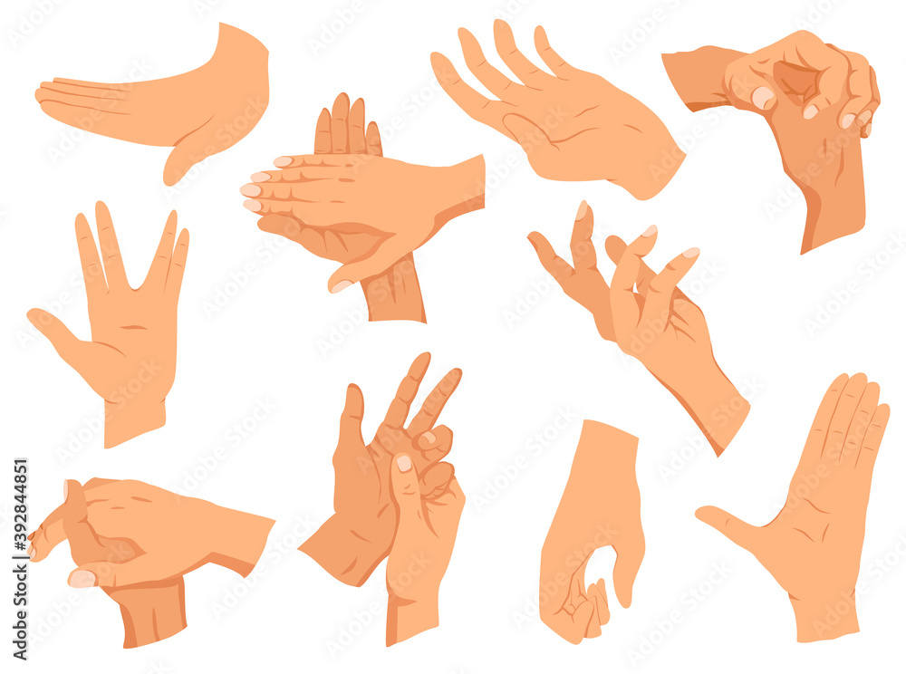 Hands gestures.Vector illustration set hands in different interpretations, showing signal, emotions or signs. Flat design modern concept Hands gestures.Vector illustration set hands in different interpretations, showing signal, emotions or signs. Flat design modern concept