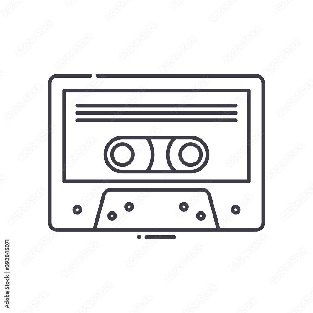 Cassete tape icon, linear isolated illustration, thin line vector, web design sign, outline concept symbol with editable stroke on white background. Cassete tape icon, linear isolated illustration, thin line vector, web design sign, outline concept symbol with editable stroke on white background.