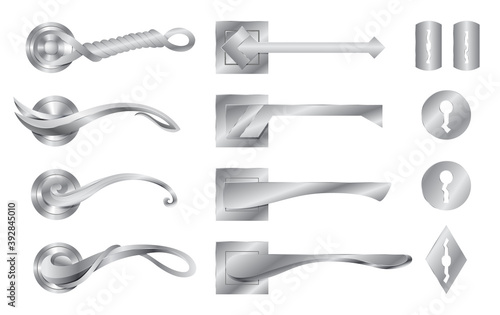 Collection of metal door handle and door lock. Modern lock knob, home doorknob. House interior element gray lock. Vector sign. Lock your home