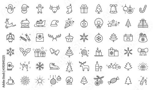 Set of 60 Christmas icons. Merry Christmas and Happy New Year. Collection xmas icons. Winter, santa, tree, presents, snowflakes, holiday. Vector illustration.