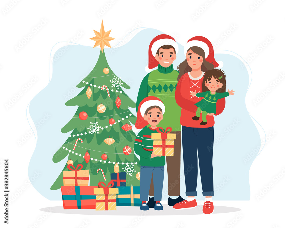 Happy family with christmas tree. Cute illustration in flat style Happy family with christmas tree. Cute illustration in flat style