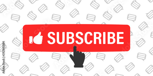 Subscribe button and hand cursor with message icons on background. Red button subscribe to channel, blog. Social media background. Marketing advertising. Vector illustration