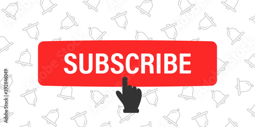 Subscribe button and hand cursor with bells on background. Red button subscribe to channel, blog. Social media background. Marketing advertising. Vector illustration
