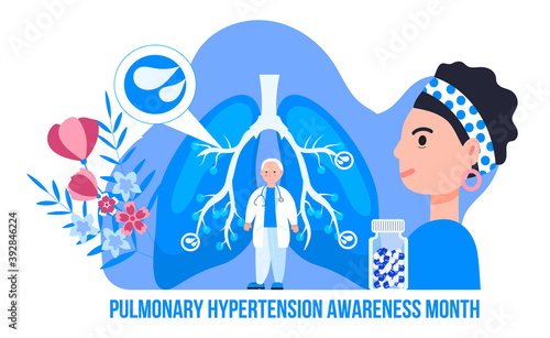 Pulmonary Hypertension awareness month is celebrated in November. Pulmonary fibrosis, tuberculosis illustration for website, app, banner. Tiny doctors treat