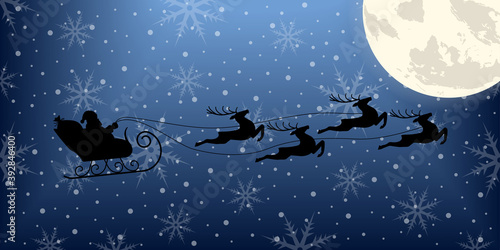 Santa on sleigh with reindeer flying in the night sky with moon. Christmas background with Santa's sled and Xmas deer. Winter background with snowflakes. Vector illustration.