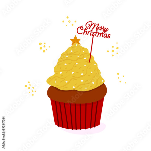 Flat vector cartoon illustration of a Christmas cake, with cream in the shape of a Christmas tree with a star and a skewer with the inscription marry Christmas
