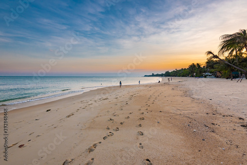 Lamai beach on Koh Samui in Thailand  paradise  sunny beach  coconuts and palm trees  sunbathing and swimming in the sea  blue ocean and sky  travel to the resort  relaxation and enjoyment