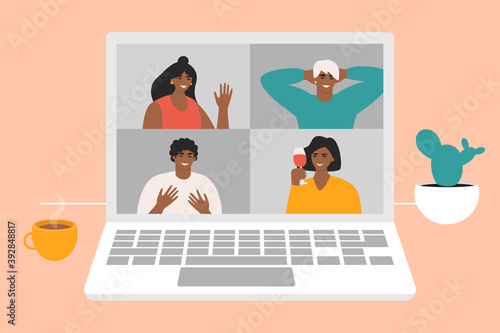 Group of friends having a video call. People communicating at online video conference. People chatting via Internet. Team on a remote meeting. Flat vector illustration
