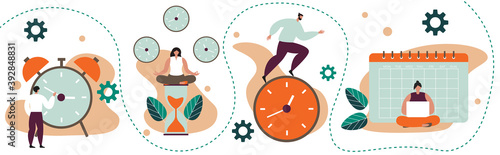Time management set. Concept of effective saving and planning of day, productivity, optimization. Collection of business people with clock, hourglass, calendar. Isolated flat vector illustrations 