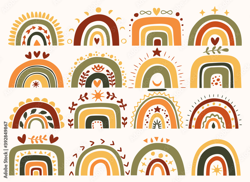 Boho rainbows set. Rainbows collection in autumn: orange, green, yellow colors. Cute hand drawn illustration for baby shower, birthday, any other kids party invitation. Boho rainbows set. Rainbows collection in autumn: orange, green, yellow colors. Cute hand drawn illustration for baby shower, birthday, any other kids party invitation.