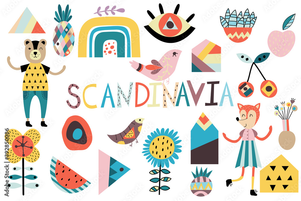 Scandinavian cute design nature elements and animals. Flowers, birds, geometric figures, abstract vector elements. Scandinavian cute design nature elements and animals. Flowers, birds, geometric figures, abstract vector elements.