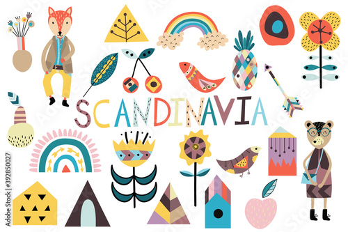 Scandinavian cute design nature elements and animals. Flowers, birds, geometric figures, abstract vector elements. 