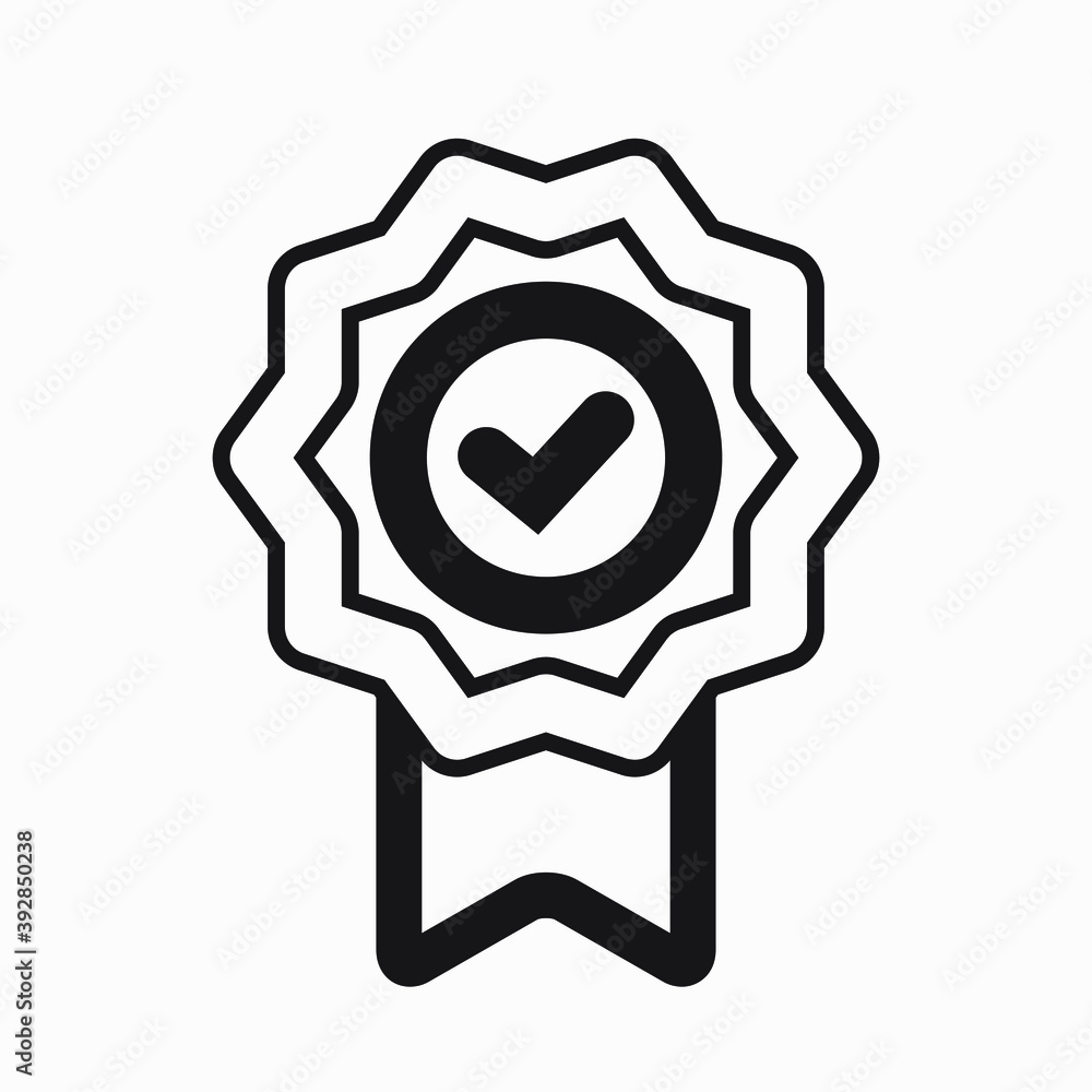 Medal and OK icon. Guarantee illustration. Winner icon. Approval label. Reward. Vector icon.