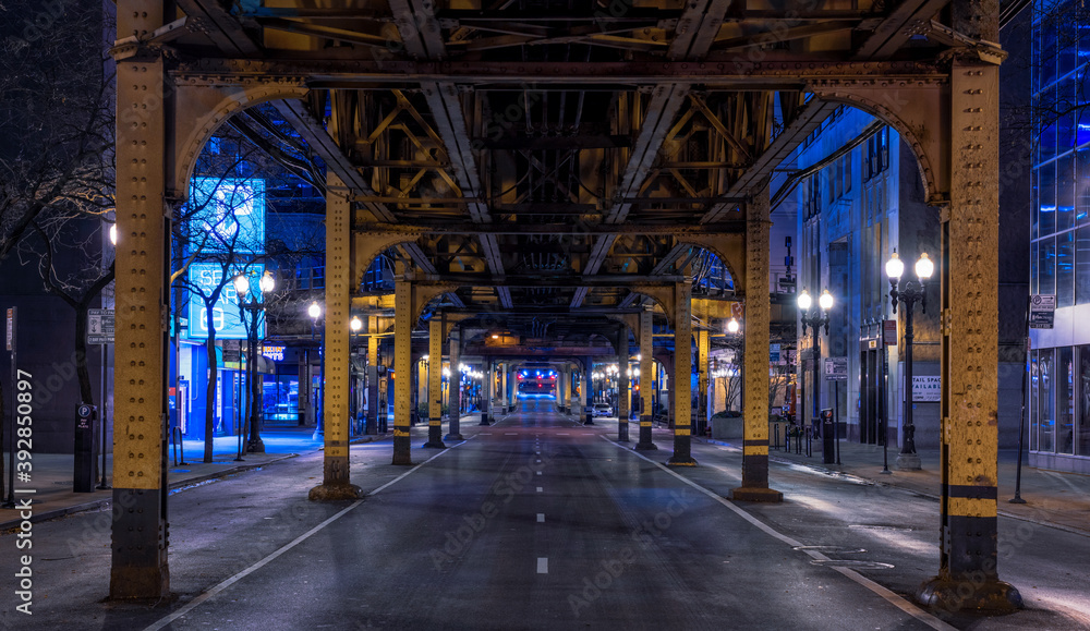 Underneath The Loop in Chicago downtown at night