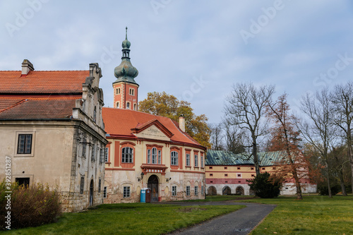 Old abandoned ruined baroque Libechov castle in sunny autumn day, Romantic chateau was heavily damaged after affected by flooding in 2002, Central Bohemia, Czech republic