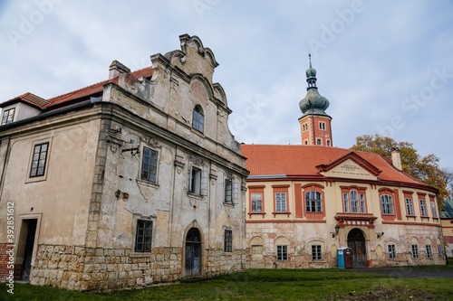 Old abandoned ruined baroque Libechov castle in sunny autumn day, Romantic chateau was heavily damaged after affected by flooding in 2002, Central Bohemia, Czech republic