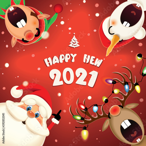 Santa Claus,Snowman,Elf and decorated Reindeer with luminous electric garland singing Christmas carol in the winter snow scene,text Happy New 2021