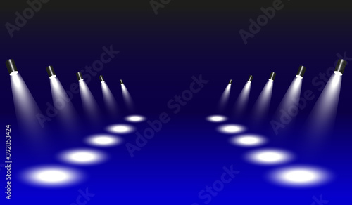 Vector illustration. The alley is illuminated from both sides by bright spotlights in dark blue tones.