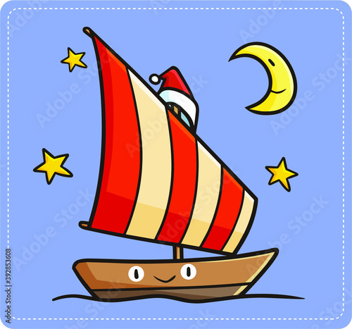 Funny and cute wooden sailboat character with christmas hat