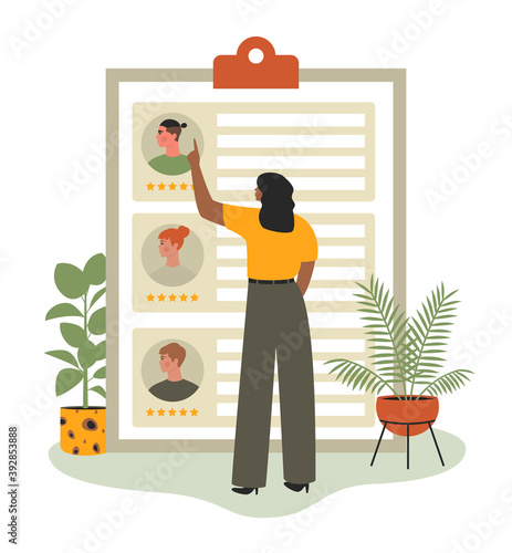 Recruitment, hr, hiring concept. Recruiter analyzing resume and choosing among job applicants. Human resources manager reading cv, searching for an employee. Flat vector illustration
