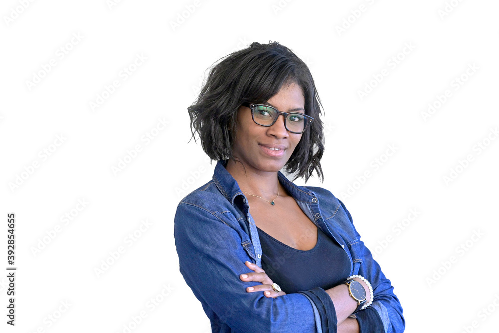 Portrait of african american woman wearing blue jeans and eyeglasses, isolated Portrait of african american woman wearing blue jeans and eyeglasses, isolated