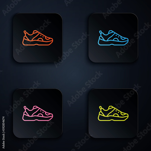 Color neon line Fitness sneakers shoes for training, running icon isolated on black background. Sport shoes. Set icons in square buttons. Vector.