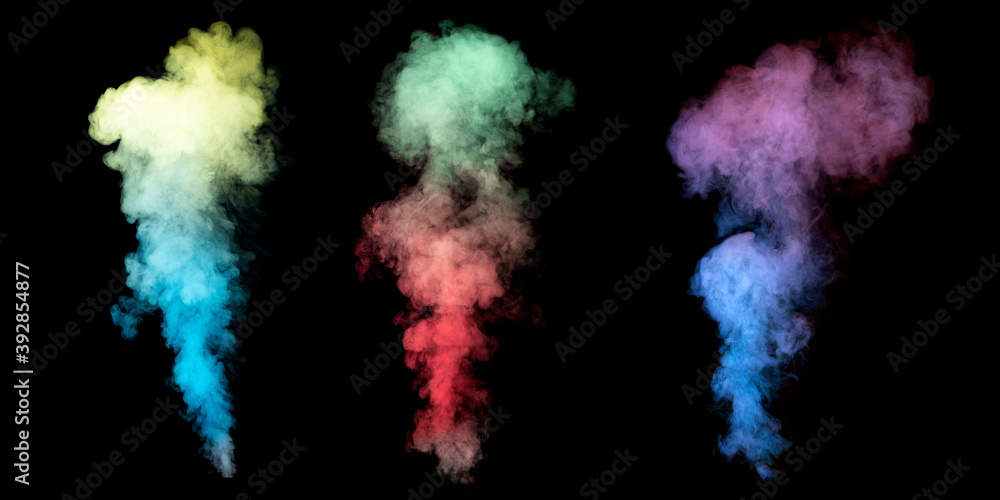 Set of abstract different colors of smoke isolated on black background. Steam or cloud of smoke.
