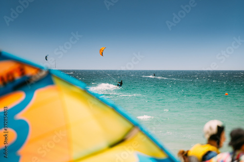 Kite surfing in Tarifa  Spain. Tarifa is most popular places in Spain for kitesurfing