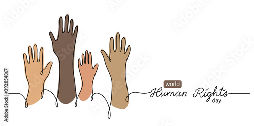 Human rights day concept, banner, background with color hands. One line drawing art illustration with lettering world human rights. photo
