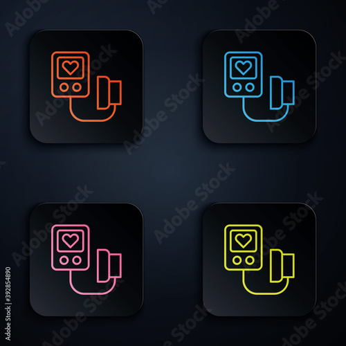 Color neon line Blood pressure icon isolated on black background. Set icons in square buttons. Vector.