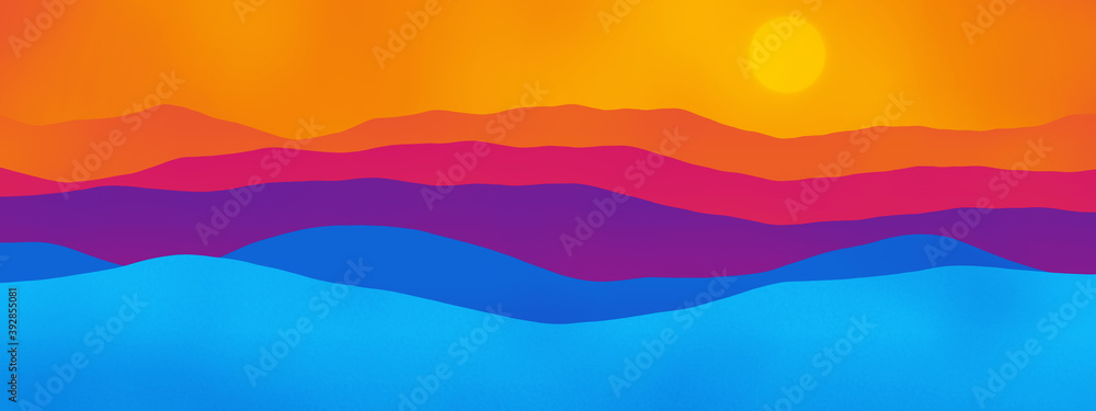 Sunny colorful landscape background with violet blue gradient mountains shapes and orange sky with sun