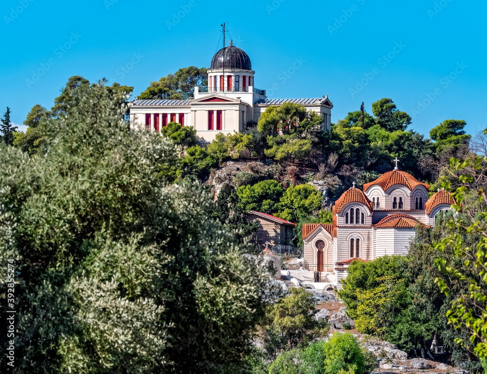 the national observatory of Athens and St. Marey orthodox church on top of the nymphs hill, Greece