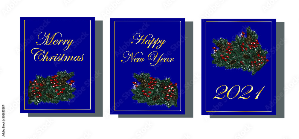 New year. Christmas. Winter holidays.A set of postcards, banners.The year of the white metal bull. Tree, wreath, boxes with gifts, snowflakes. The word, text. Isolated vector objects.