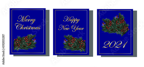 New year. Christmas. Winter holidays.A set of postcards  banners.The year of the white metal bull. Tree  wreath  boxes with gifts  snowflakes. The word  text. Isolated vector objects.