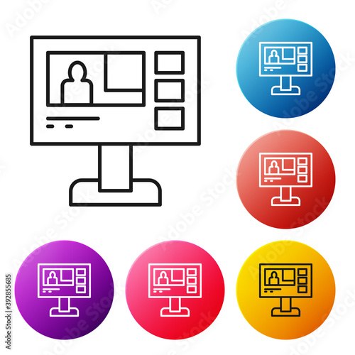 Black line Television report icon isolated on white background. TV news. Set icons colorful circle buttons. Vector.