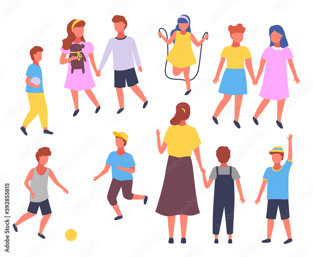Group elementary school vector illustration boy and girl and teacher in playground in cartoon style isolated. Children in kindergarten with mentor, kids playing football, walking, jumping rope