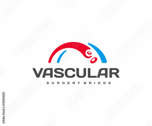 Vascular bridge logo design. Red blood cells in vein and artery vector design. Blood vessels logotype
