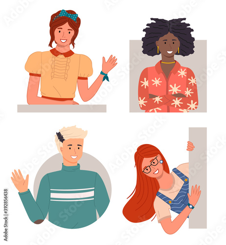 Set of happy curious looking young people peeping from behind the wall or peek out the window. Red-haired young girl in glasses and dress, smiling african women, young man with a fashionable haircut