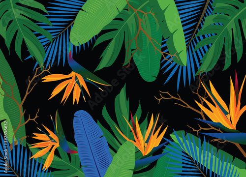 Tropical flowers, jungle leaves, bird of paradise flower. Beautiful seamless floral pattern background, exotic print