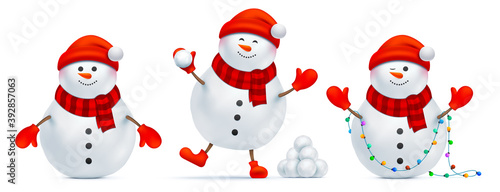 Set of snowman with different emotions and postures. Santa Claus in a red beanie hat with pompon, bunch of snowballs, and Christmas lights, isolated on a white background. Xmas Santa vector character.
