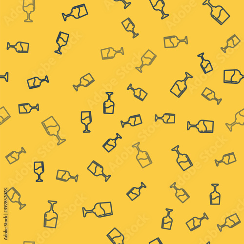 Blue line Jewish goblet icon isolated seamless pattern on yellow background. Jewish wine cup for kiddush. Kiddush cup for Shabbat. Vector.