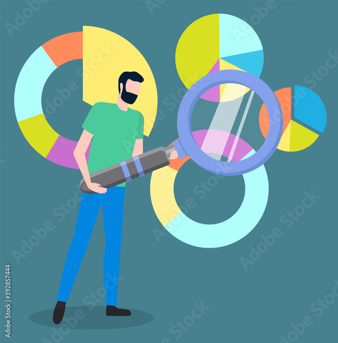 Man office worker with magnifier analyzes demand on diagrams of various shapes, choosing way to attract customers. Project management and financial report strategy. Business analysis planning