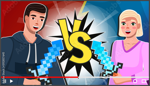 Screensaver of video post. Man and woman game bloggers tell about computer games recording video. Young gamers creating content about confrontation of heroes with swords and posting it on social media