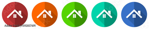 House, roof and window vector icon set, red, blue, green and orange flat design web buttons isolated on white, vector illustration