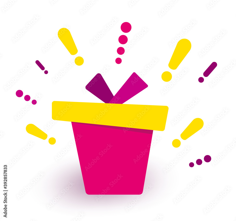 Holiday gift box. Wonder gift with exclamation mark. Birthday celebration. Surprise red gift box, loyalty program reward. Vector icon in modern flat style on white background. Holiday gift box. Wonder gift with exclamation mark. Birthday celebration. Surprise red gift box, loyalty program reward. Vector icon in modern flat style on white background.