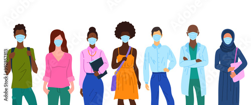 Cartoon Color Characters People Wearing Surgical Masks Concept. Vector