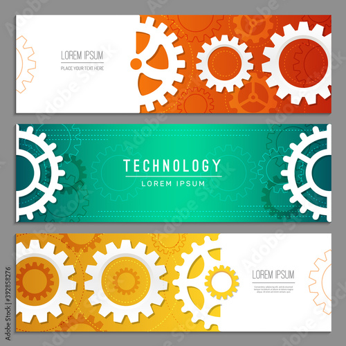 Cogwheels banners. Abstract background with gears machinery industry parts vector header templates. Illustration cogwheel mechanical industrial and engineering banner