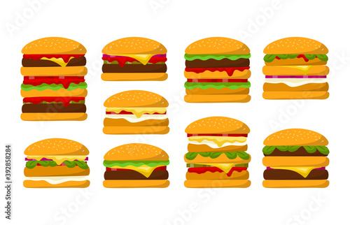 Cartoon Color Different Fresh Burgers Icons Set. Vector