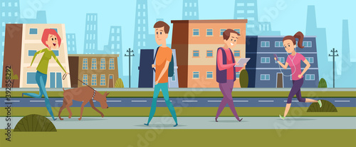 People walking. Men women on street, peace and kind in city. Cartoon girl running, female walk with dog guy reading vector illustration. People man and woman, urban street city